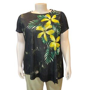 Terra & Sky Black, Green & Yellow Embellished Flower Tee Women's Size 1X 16W/18W